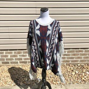 Elodie Poncho Mohair / Acrylic‎ Blend Boho Western Poncho Fringe Sweater Small